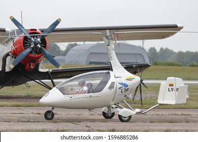 KAUNAS / LITHUANIA - August 10, 2019: Autogyro Calidus LY-BBA taxiing at 100 years Lithuanian aviation air show in Aleksotas airfield