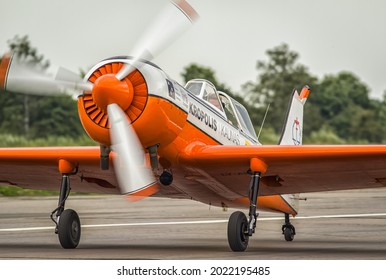 KAUNAS, LITHUANIA: AUGUST 8, 2021. ANBO team aerobatic Yakolev Yak-50 LY-AKU. Pilot Rolandas Paksas at S. Darius and S. Girenas aerodrome.