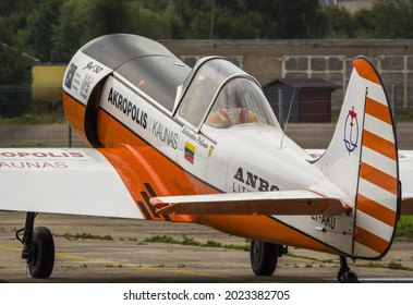 KAUNAS, LITHUANIA: AUGUST 8, 2021. ANBO team aerobatic Yakolev Yak-50 LY-AKU. Pilot Rolandas Paksas at S. Darius and S. Girenas aerodrome.