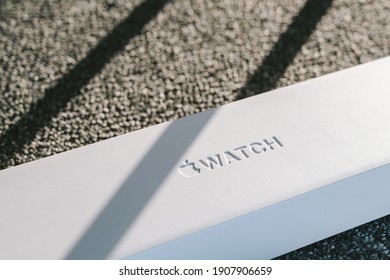 KAUNAS, LITHUANIA - DECEMBER 08, 2020: Closeup View Of Apple Watch Logo