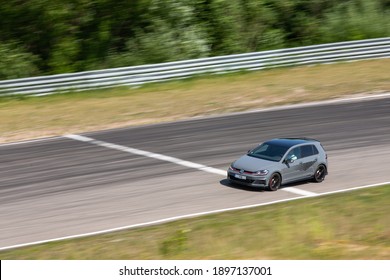 Kaunas  Lithuania , June 16, 2019  - New Volkswagen Golf GTI TCR "hot hatchback" in a race track. Road car. Editorial 