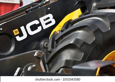 Kaunas, Lithuania - March 23: JCB heavy duty equipment vehicle and logo on March 23, 2018 in Kaunas, Lithuania. JCB corporation is manufacturing equipment for construction and agriculture.