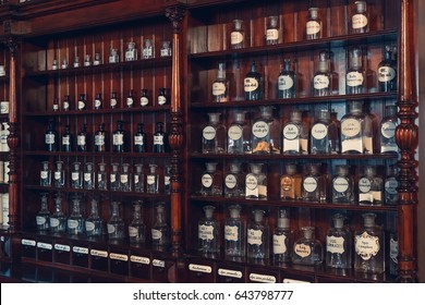 Kaunas, Lithuania - May 12, 2017: Shelf Of Vials With Retro Drugs In Old Apothecary Cabinet In Museum Of The History Of Medicine And Pharmacy. Kaunas, Lithuania.