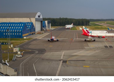 KAUNAS, LITHUANIA – MAY, 2021: Planes In The Kaunas Airport.