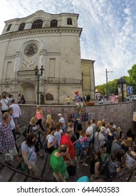 KAUNAS, LITHUANIA - MAY 21, 2017: Street Performer Clown Fisherman Fishing Money At Hanza Days International Festival In Kaunas, Lithuania