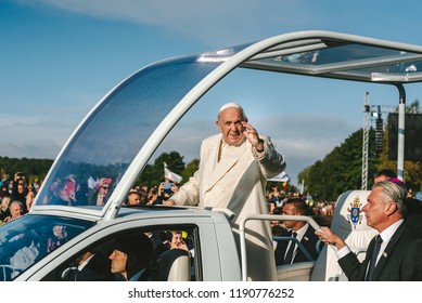 KAUNAS, LITHUANIA - SEPTEMBER 23, 2018: Pope Francis Arrive To Santakos Park In Kaunas, Lithuania. The Pope Celebrate Holy Mass And Afterward Pray The Angelus