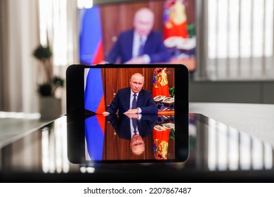 Kaunas, Lithuania - September 28 2022: Russia President Vladimir Putin On TV Screen. Message On TV From Russian President. War In Ukraine