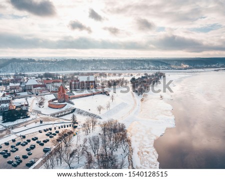 Kaunas old town in the winter day. Drone aerial view.