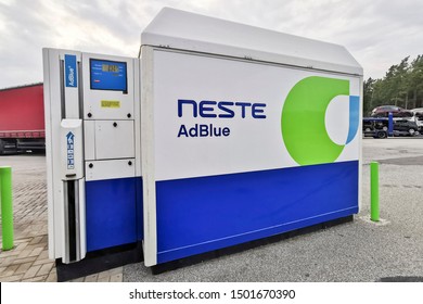 Kaunas/Lithuania March 28, 2019 
The AdBlue tank at the Neste gas station. AdBlue is a diesel exhaust cleaning fluid for trucks and buses.