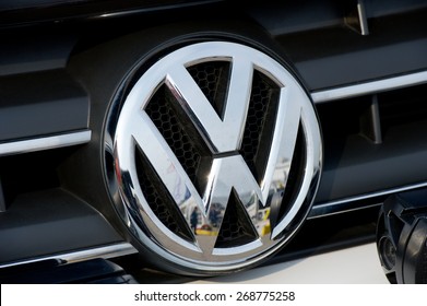 KAUNAS-MAR 26: Close-up of VW logo on Mar. 26, 2015 in Kaunas, Lithuania. Volkswagen is a German automobile manufacturer and the biggest German automaker and the third largest automaker in the world.