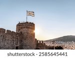 Kavala city Greece, 12.8.24 Panoramic view of from the Byzantine fortress or castle, near Panagia church, sunset colors.