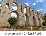 Kavala, Greece. April 5, 2024. Ancient aqueduct landmark in Kavala city, Greece. Kavala is famous greek resort.