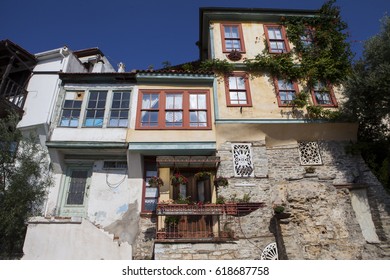 KAVALA, GREECE - NOVEMBER 20, 2015: Many Different Houses Heading The Aegean Sea On Kavala's Old City Streets.