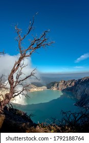 Kawah Ijen Volcano With Green Lake On Blue Sky Background At Morning In East Java, Indonesia.