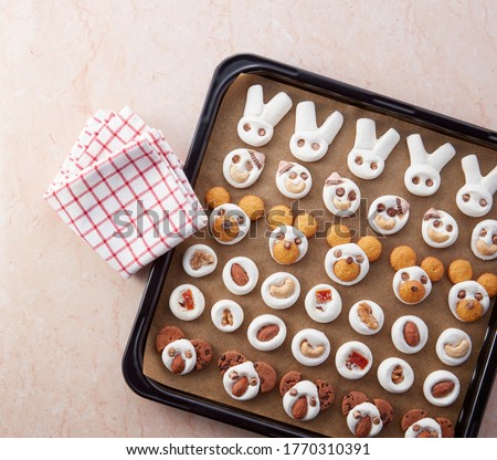 Kawaii Animals-Shaped Marshmallows Cookies, Top view.