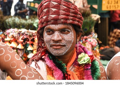 KAWANT, VADODARA, GUJARAT, INDIA - 14 MARCH 2017 : Unidentified Tribal people wearing their ethnic tribal dresses during dance of Holi festival at the annual tribal fairs.KAWANT, VADODARA, GUJARAT, IN