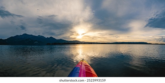 kayak, canoe, lake, boat, kayaking, canoeing, Kochelsee, mountains, landscape, nature, clouds, sun, summer, autumn, Kochel, Bavaria, paddling, paddle boat - Powered by Shutterstock