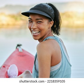 Kayak, Nature And Happy Black Woman Relax On The Water, Boat And Outdoor. Portrait Of A Person From New York Smile On A Fitness, Workout Experience And Exercise Trip With Happiness In Summer Smiling