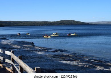 Kayak Riders Near The Trail Of West Thumb Geyser Basin, By West Thumb In The Yellowstone Lake, Near The Exit To The Grand Teton National Park, In Yellowstone National Park, USA