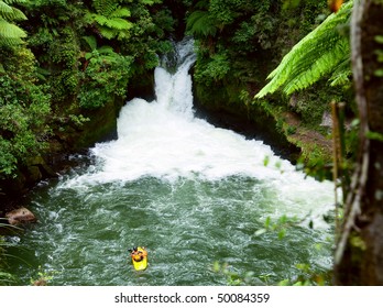Kayak At Waterfall On The Kaituna River, New Zealand