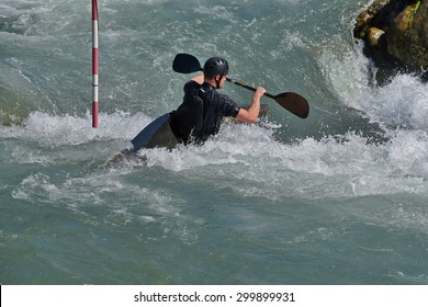 Kayaker Is Moving Across Whitewater Rapids.