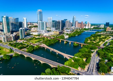 Kayakers Ensuing The Blue Waters Of Lady Bird Lake Aerial Austin Texas 2019 Summer View Above West Austin Looking At New Skyline Cityscape Skyscrapers