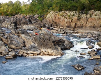 Kayakers On The Potomac River At Great Falls Waterfalls In Montgomery County, Maryland, USA