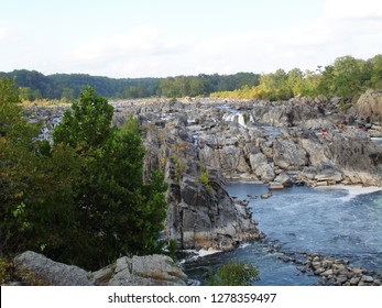 Kayakers On The Potomac River At Great Falls Waterfalls In Montgomery County, Maryland, USA