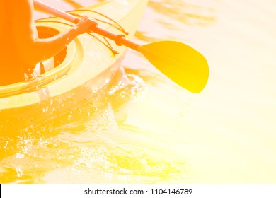 Kayaking. Close Up Of Man Holding Kayak Paddle 