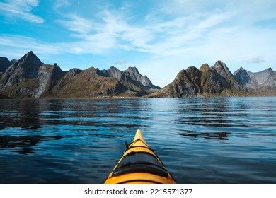 Kayaking in the most beautiful place in Norway. Lofoten islands. Reine.