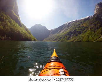 Kayaking In Nærøyfjord, Sognefjord, Norway, Europe On A Sunny Spring Day 