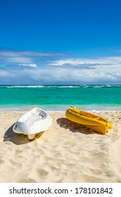 Kayaks On The Beautiful Sandy Caribbean Beach In Dominican Republic