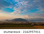 Kayseri city and Mount Erciyes at sunrise in the morning. Cityscape of Kayseri in central anatolia in Turkey with Erciyes Dagi.