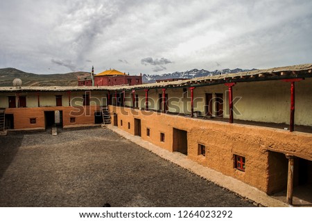 Kaza, Spiti-The Middle Land, Himachal Pradesh / India: Kye Gompa (monastery), architecture in the cold desolate desert Himalayan mountain valley. The highest motor-able village at 4520 metres.