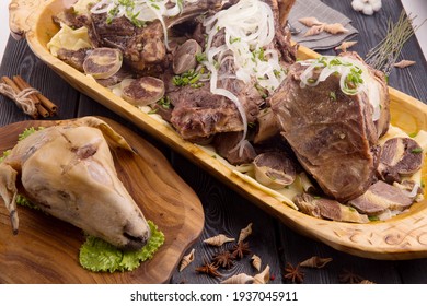 Kazakh national cuisine dish boiled lamb head with meat