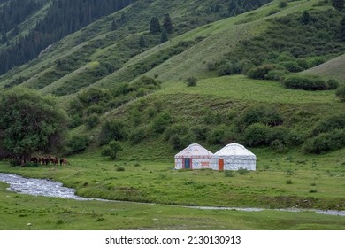 Kazakh traditional yurt in green mountains with grazing horses near and river. Nature, landscape house. Mountain valley landscape. Travel, tourism in Kazakhstan concept. Nomad's house.