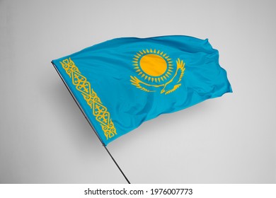 Kazakhstan flag isolated on white background with clipping path. close up waving flag of Kazakhstan. flag symbols of Kazakhstan. Kazakhstan flag frame with empty space for your text. 