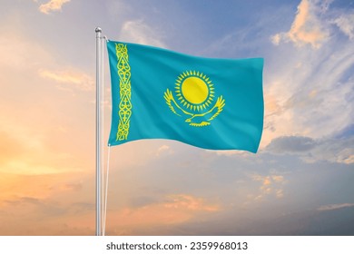 Kazakhstan flag waving on sundown sky