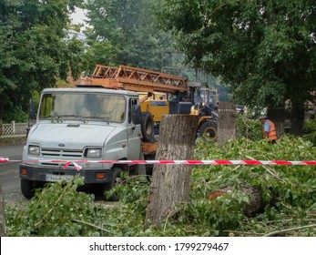 Kazakhstan, Ust-Kamenogorsk, August 10, 2020: ZIL 5301. Bucket Truck. Tree Cutting. Machinery. Workers