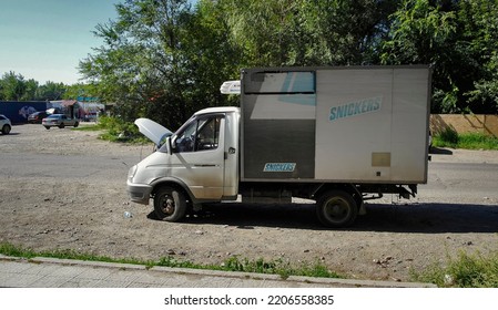 Kazakhstan, Ust-Kamenogorsk, August 22, 2022: GaZelle Business. Russian Light Commercial Vehicle. Truck With Open Hood