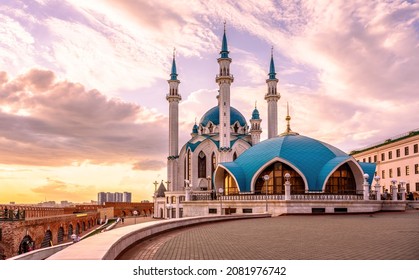Kazan Kremlin in summer, Tatarstan, Russia. Beautiful view of Kul Sharif mosque, landmark of Kazan. Modern architecture, tourist attraction in Kazan city center at sunset. Islam and travel concept. - Shutterstock ID 2081976742