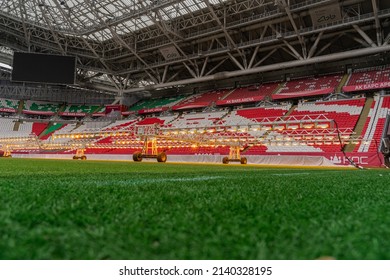 Kazan, Russia. 2022 March 28. Assimilation lighting in soccer stadium. Lighting assimilation off grass. Aerial view of light therapie in stadium. The LED grass grow lights
