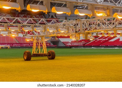 Kazan, Russia. 2022 March 28. Assimilation lighting in soccer stadium. Lighting assimilation off grass. Close up view of light therapie in stadium. The LED grass grow lights