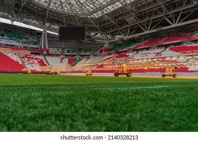 Kazan, Russia. 2022 March 28. Assimilation lighting in soccer stadium. Lighting assimilation off grass. Aerial view of light therapie in stadium. The LED grass grow lights