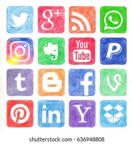 KAZAN, RUSSIA - April 11, 2017: Collection of popular social media logos, drawed by hand with color pencils. Facebook, Twitter, LinkedIn, Instagram, WhatsApp, Youtube, Blogger and other 
