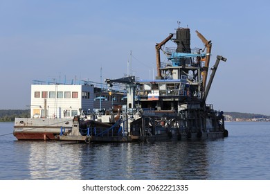 KAZAN, RUSSIA - AUGUST 7, 2021. Floating Plant On The Volga River: Dredger Ship Used For Mining Sand And Gravel And Ship With Accommodation For Workers. Republic Of Tatarstan, Russia.