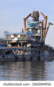 KAZAN, RUSSIA - AUGUST 7, 2021. Floating Plant On The Volga River: Dredger Ship Used For Mining Sand And Gravel And Ship With Accommodation For Workers. Republic Of Tatarstan, Russia.