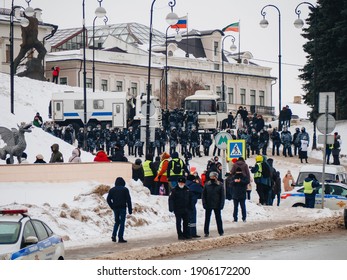 Kazan, Russia - January 31, 2021: Peaceful March Near Kazan Kremlin. Protest Against The Illegal Arrest Of Alexey Navalny.