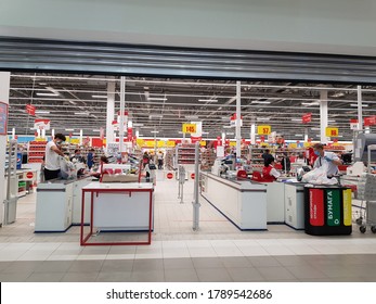 Kazan Russia July 2020.Summer.  Supermarket, Checkout Area, Masked Cashiers And Packagers