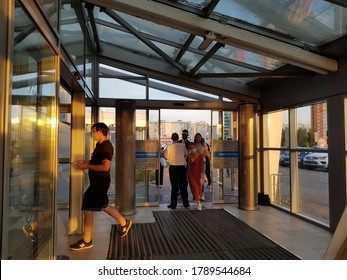 Kazan Russia July 2020.Summer.  Supermarket, Checkout Area, Masked Cashiers And Packagers